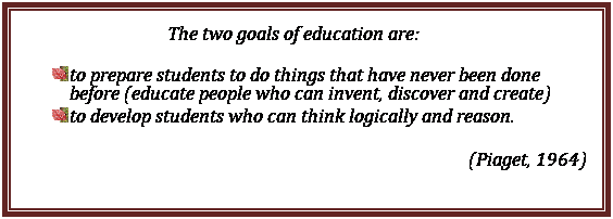 Text Box: The two goals of education are:
to prepare students to do things that have never been done before (educate people who can invent, discover and create)
to develop students who can think logically and reason.
(Piaget, 1964)

